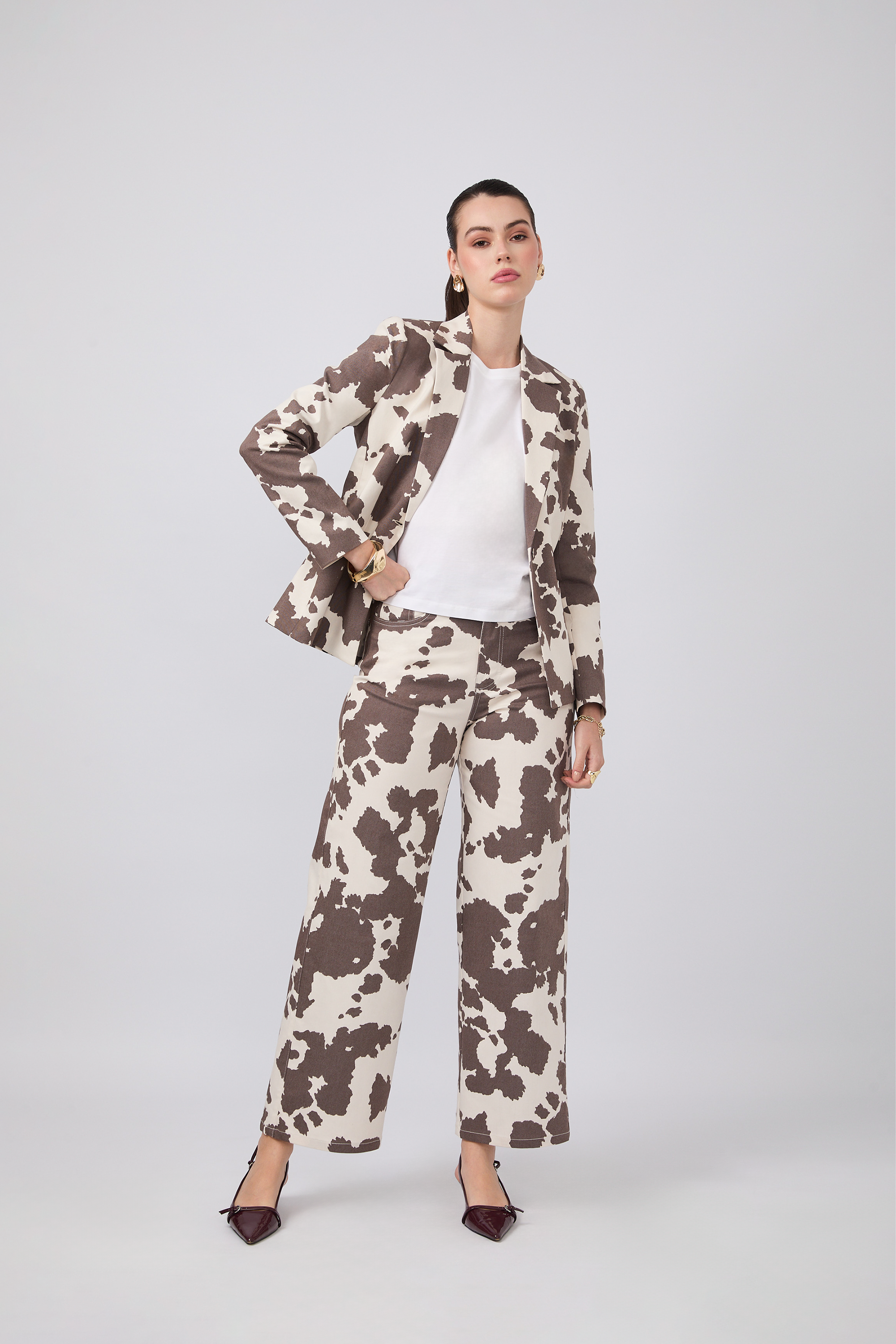 PANTALÓN PALAZZO A LA CINTURA COW PRINT MARRÓN - SAVANNAH