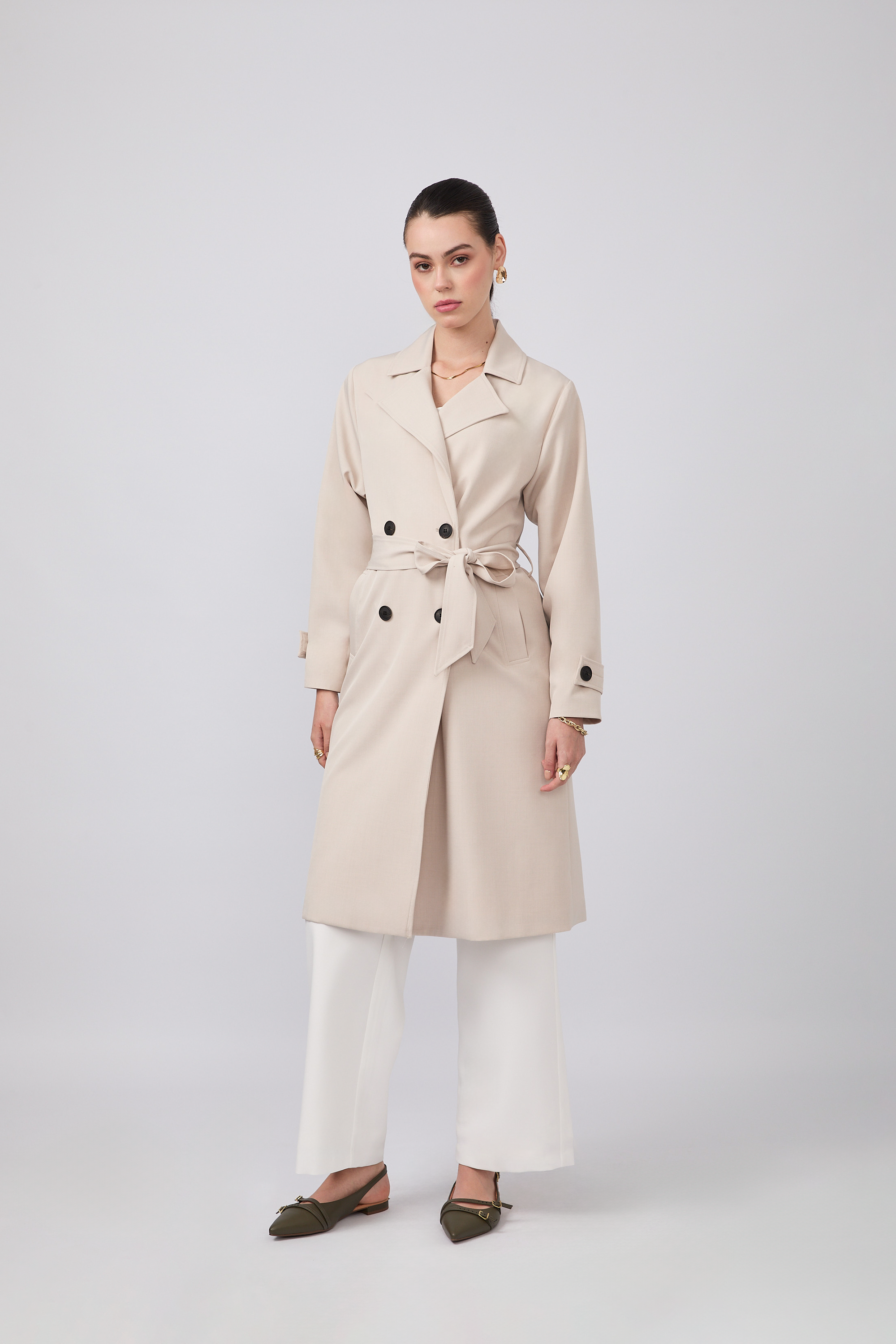 Gabardina larga con abertura y bolsillos funcionales Beige - Becca