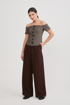 CHALECO OFF SHOULDER ENTALLADO PRINT BEIGE Y NEGRO - NANCY