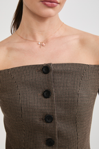 CHALECO OFF SHOULDER ENTALLADO PRINT BEIGE Y NEGRO - NANCY