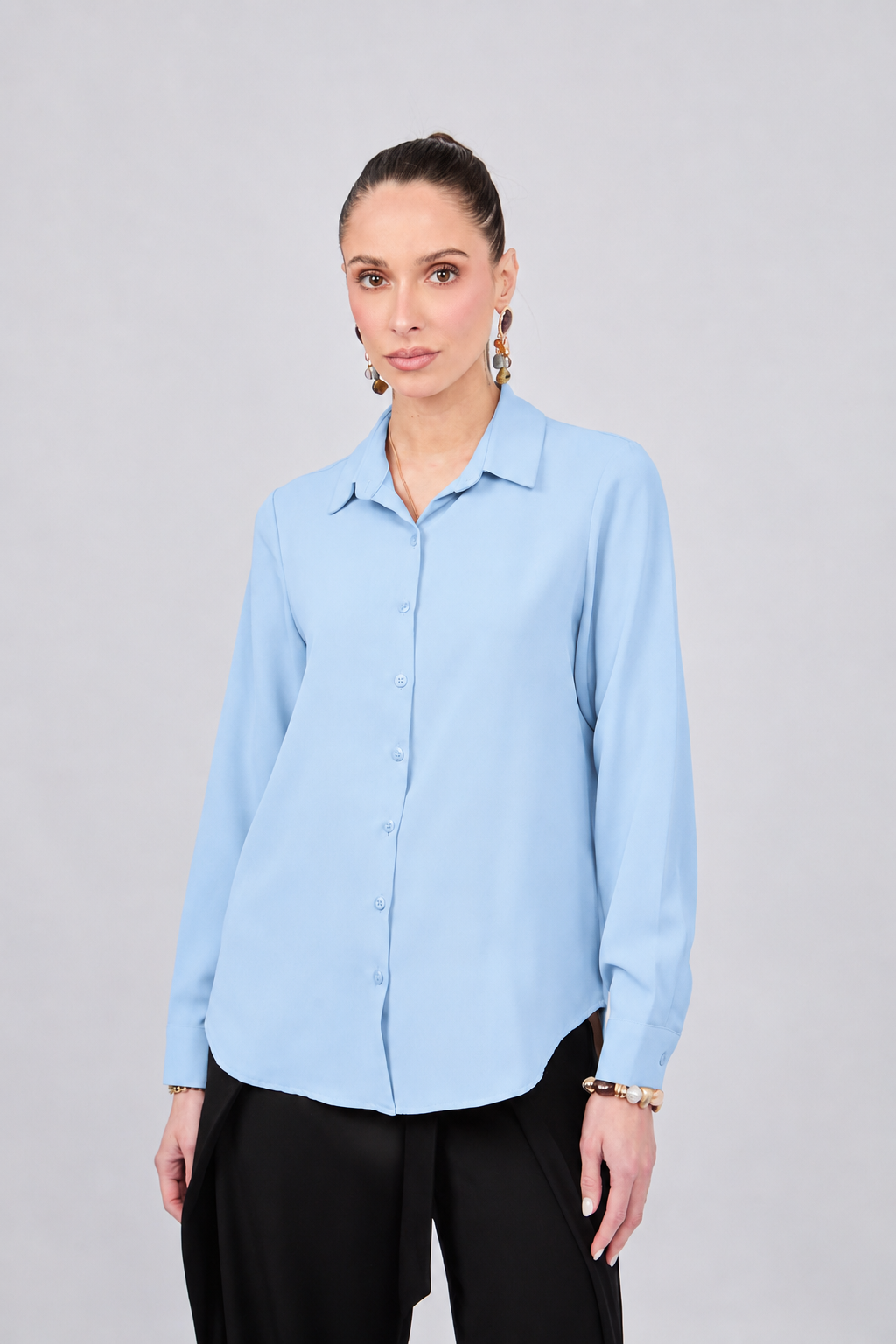 BLUSA MANGA LARGA CUELLO CAMISERO CELESTE - PARIS  [PRE-VENTA]
