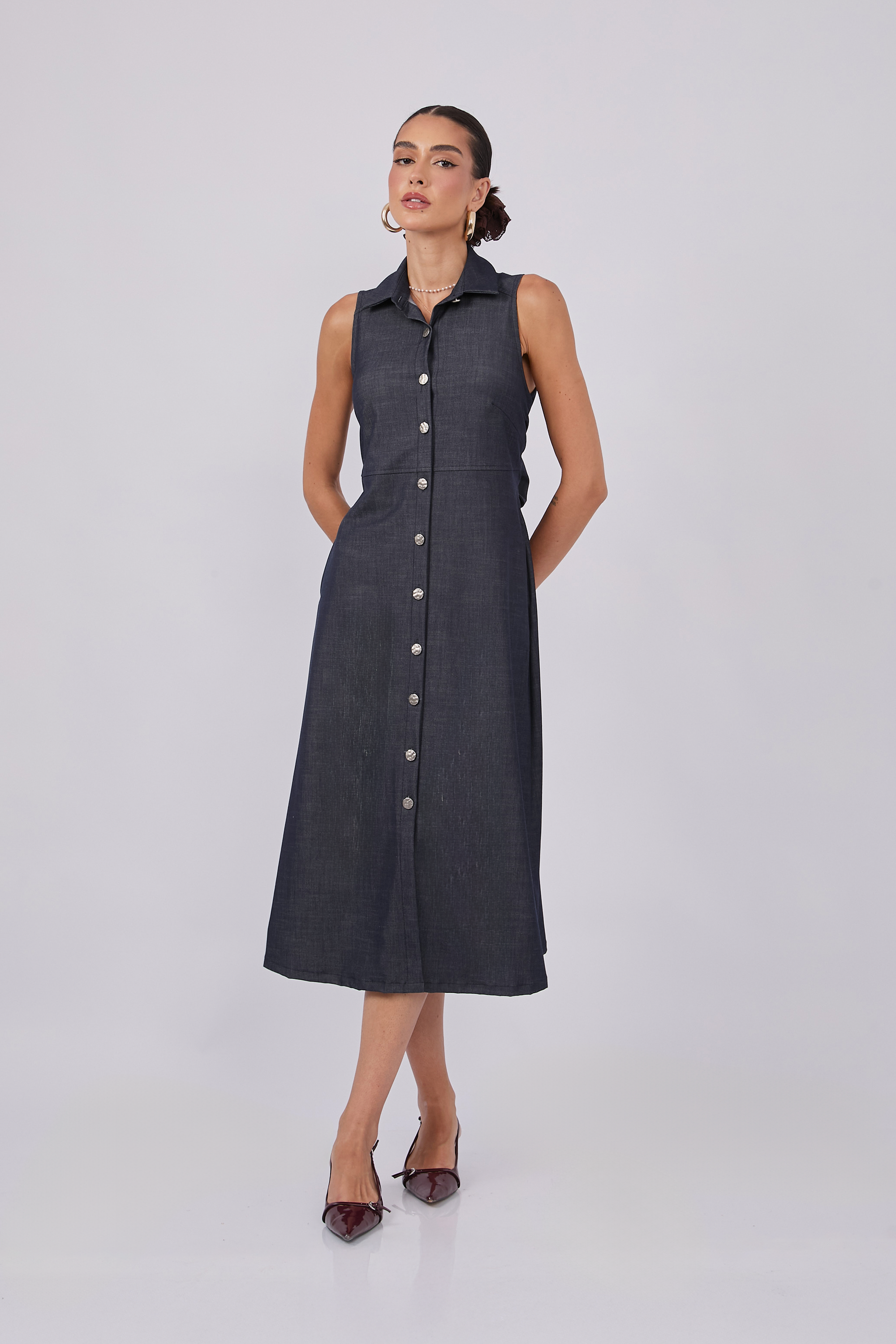 VESTIDO CAMISERO CON LAZO MULTIFUNCIONAL - BLEUE