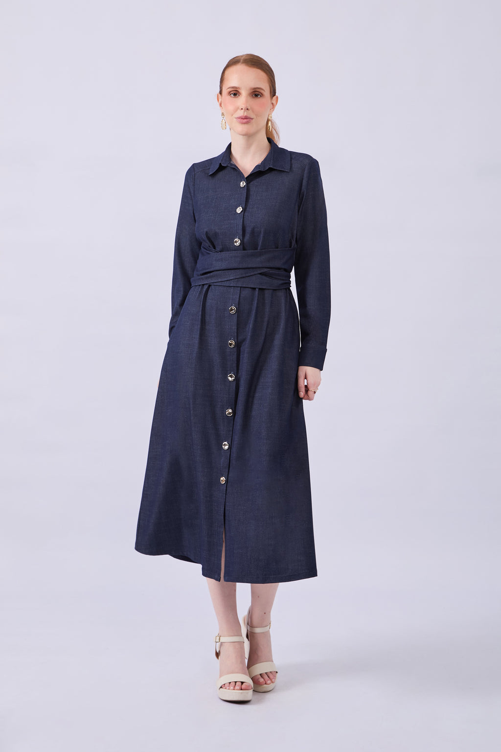 VESTIDO MANGA LARGA CON LAZO INDIGO - AMBER
