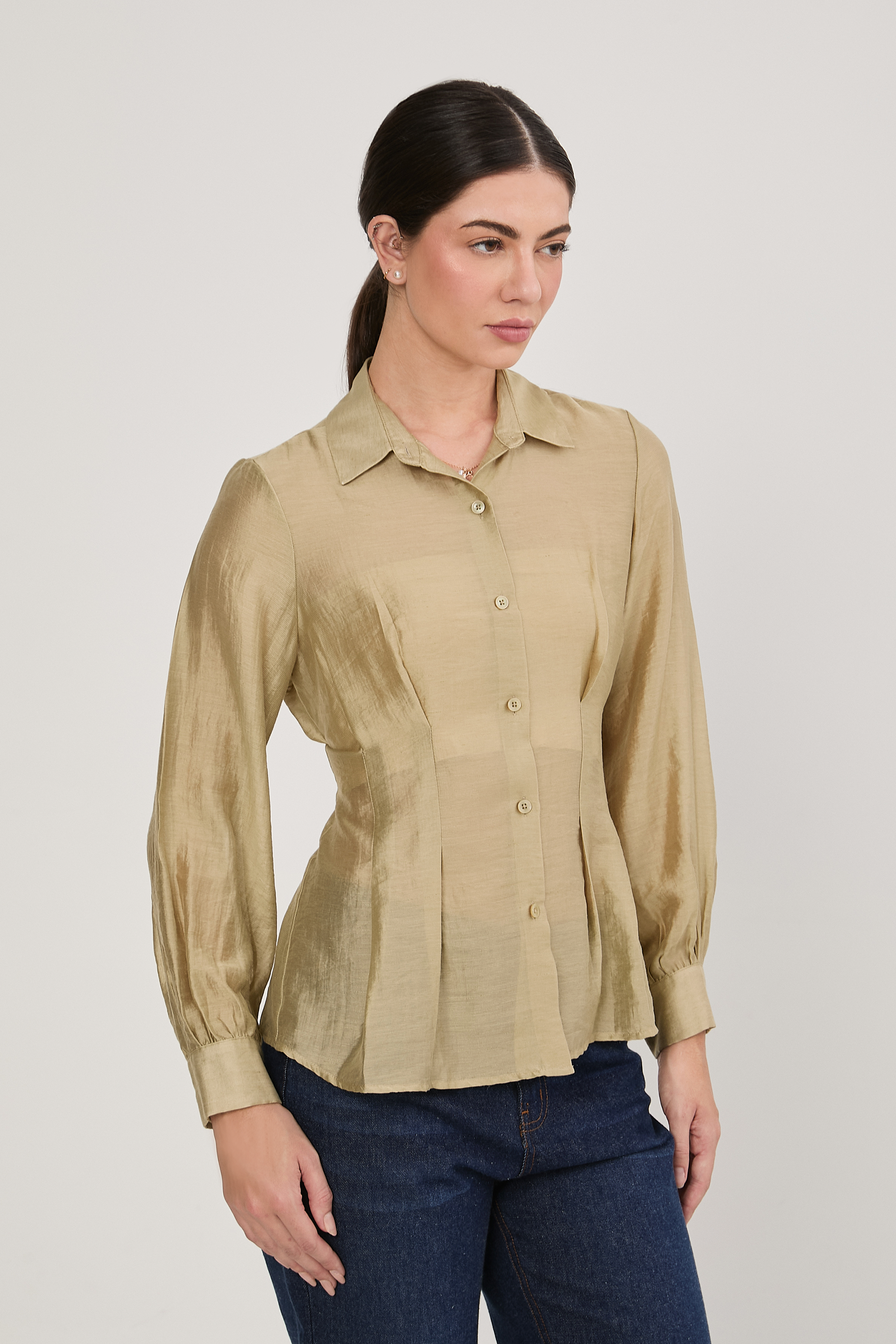 BLUSA CAMISERA MANGA CON PINZAS OLIVO - ARABELLA [PRE-VENTA]