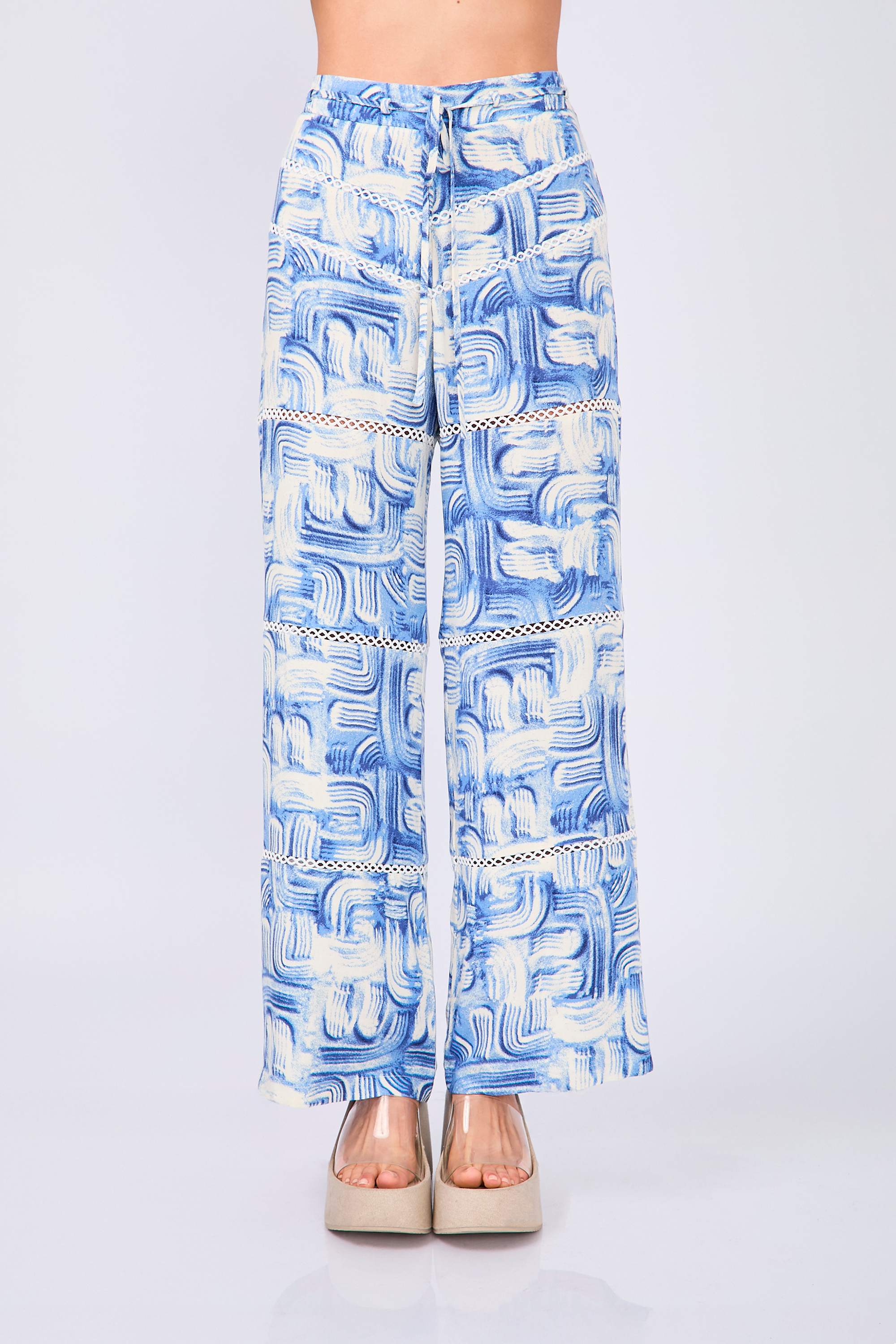 PANTALON PALAZZO CON DETALLES BORDADOS PRINT AZUL - LINA