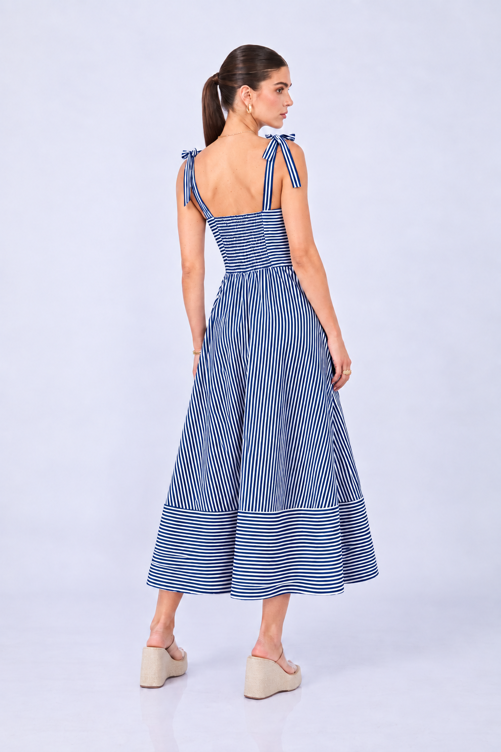 VESTIDO MIDI DE TIRAS DE POPELINA RAYAS MARINO– CORI