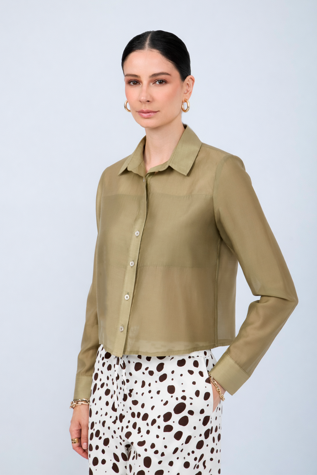 BLUSA SEMITRANSPARENTE MANGA LARGA ELEGANTE OLIVO - BAMBOO