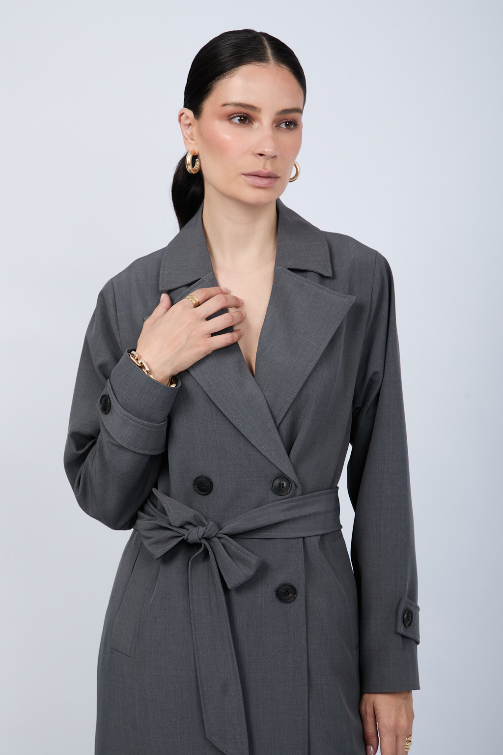 Gabardina larga con abertura y bolsillos funcionales Plomo - Becca