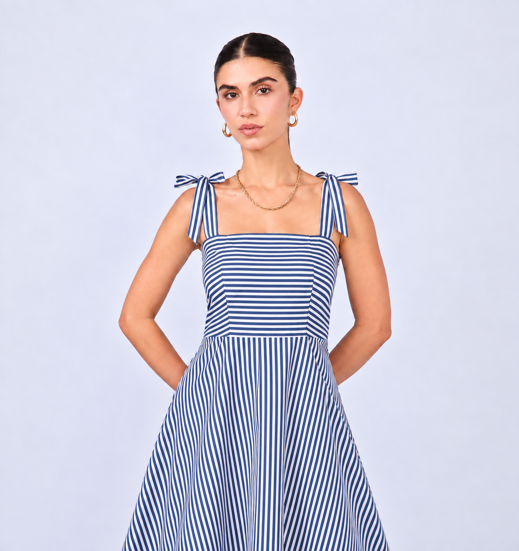 VESTIDO MIDI DE TIRAS DE POPELINA RAYAS MARINO– CORI