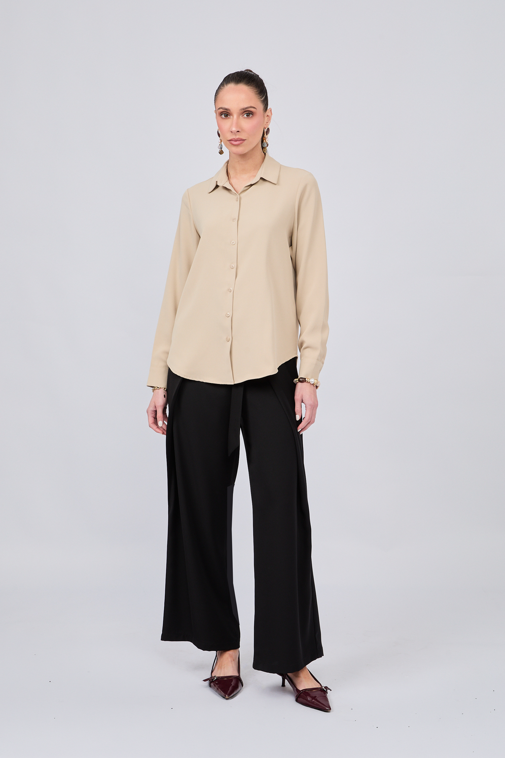 BLUSA MANGA LARGA CUELLO CAMISERO BEIGE - PARIS [PRE-VENTA]