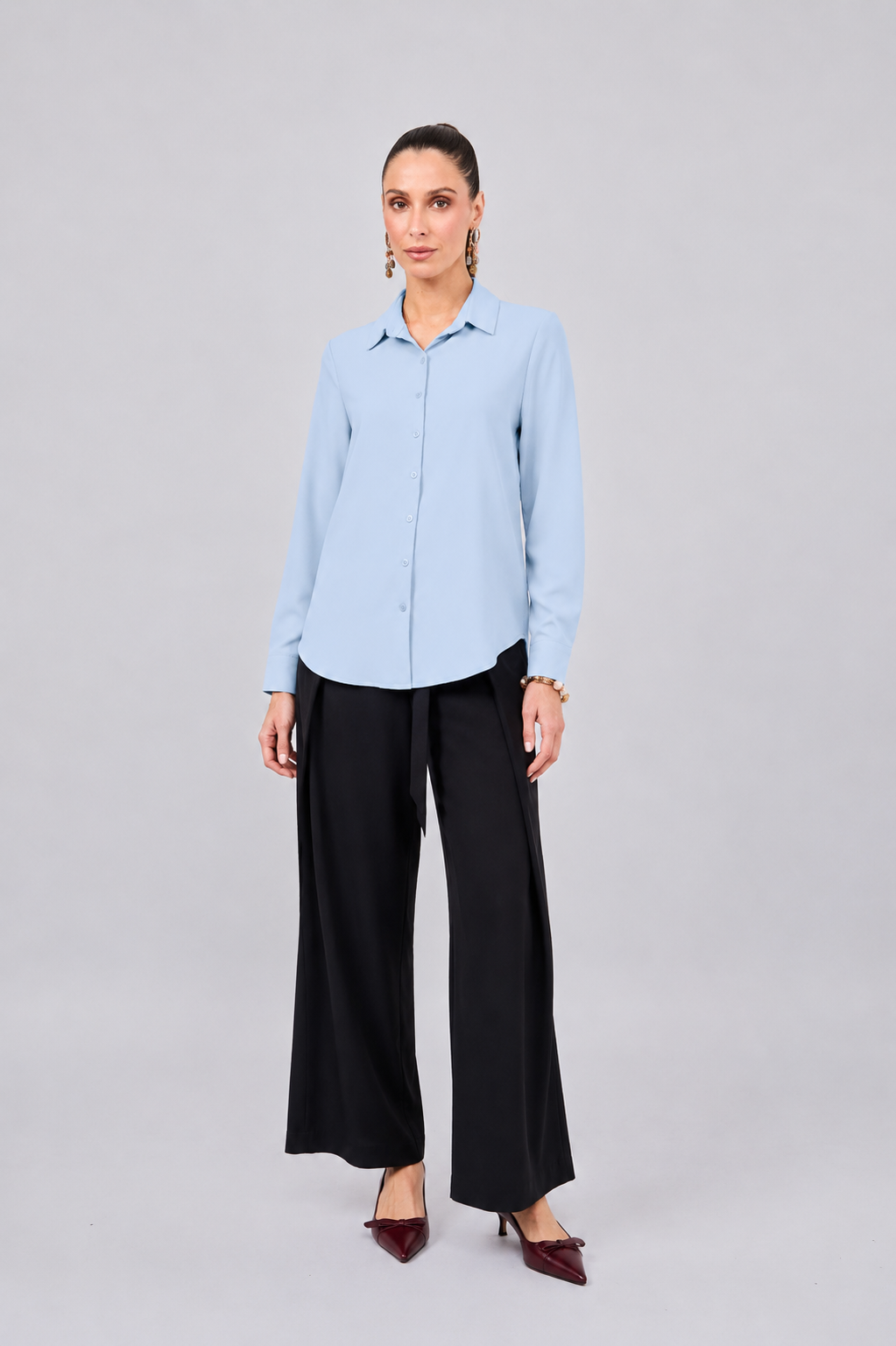 BLUSA MANGA LARGA CUELLO CAMISERO CELESTE - PARIS  [PRE-VENTA]