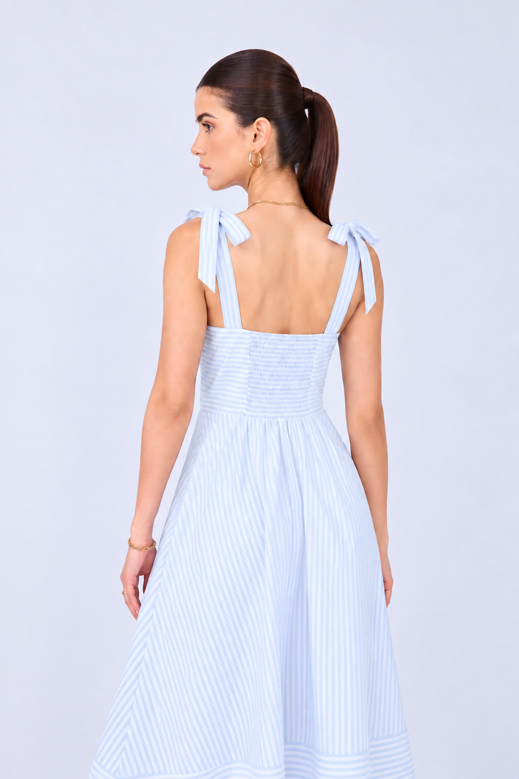 VESTIDO MIDI DE TIRAS DE POPELINA RAYAS CELESTE– CORI