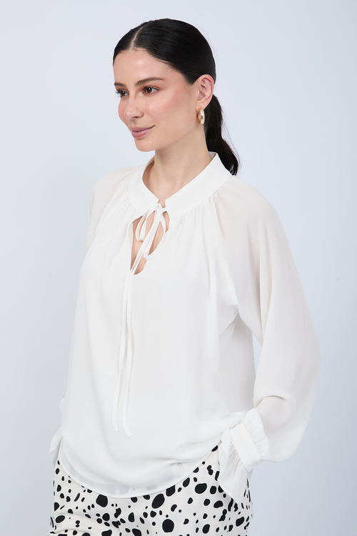 BLUSA DE GASA MANGA LARGA CON LAZO PERLA- ARIEL
