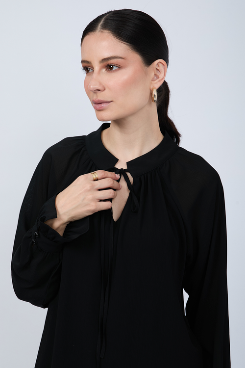 BLUSA DE GASA MANGA LARGA CON LAZO NEGRO - ARIEL