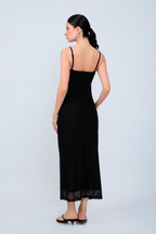 VESTIDO LARGO DE TIRAS CON DRAPEADO NEGRO PUNTOS PERLA - LEAH