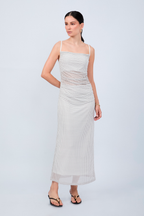 VESTIDO LARGO DE TIRAS CON DRAPEADO PERLA PUNTOS NEGRO - LEAH