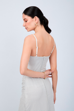 VESTIDO LARGO DE TIRAS CON DRAPEADO PERLA PUNTOS NEGRO - LEAH