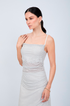 VESTIDO LARGO DE TIRAS CON DRAPEADO PERLA PUNTOS NEGRO - LEAH