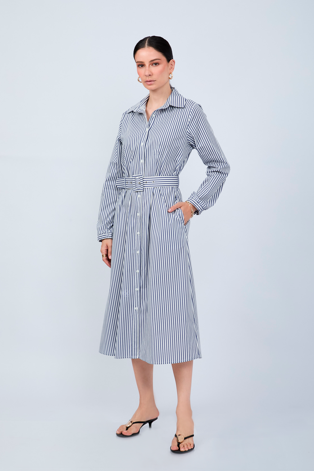 VESTIDO CAMISERO MIDI A RAYAS AZULES  MANGA LARGA - PAULINA