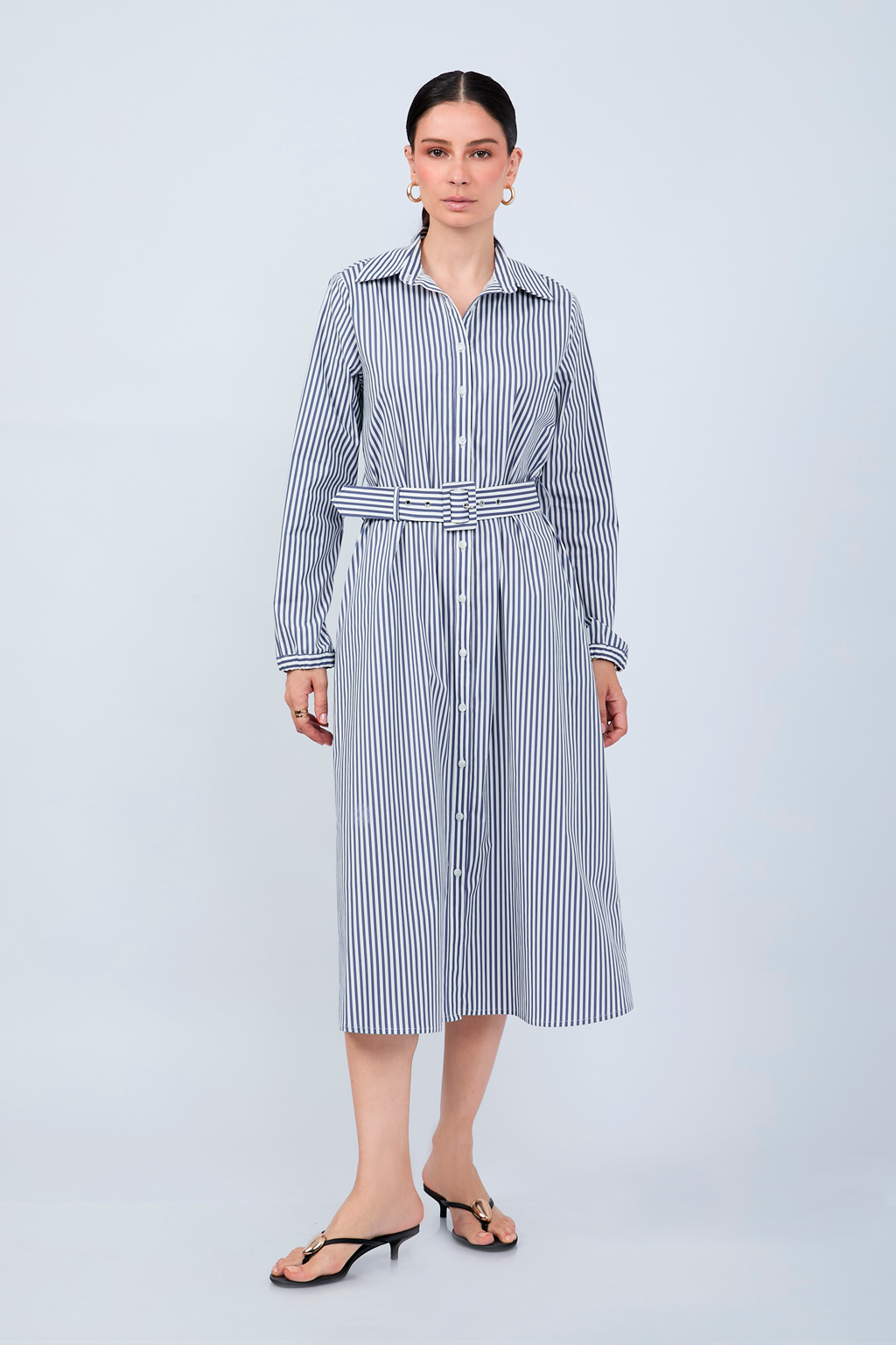 VESTIDO CAMISERO MIDI A RAYAS AZULES  MANGA LARGA - PAULINA