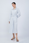 VESTIDO CAMISERO MIDI A RAYAS CELESTE MANGA LARGA - PAULINA