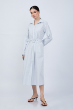 VESTIDO CAMISERO MIDI A RAYAS CELESTE MANGA LARGA - PAULINA