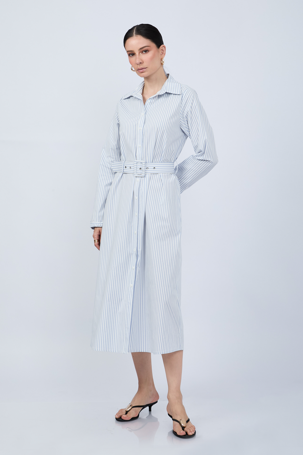 VESTIDO CAMISERO MIDI A RAYAS CELESTE MANGA LARGA - PAULINA