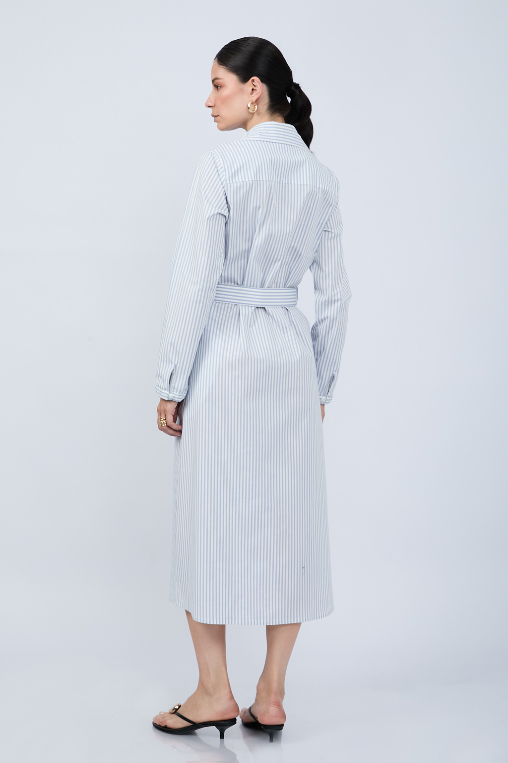 VESTIDO CAMISERO MIDI A RAYAS CELESTE MANGA LARGA - PAULINA