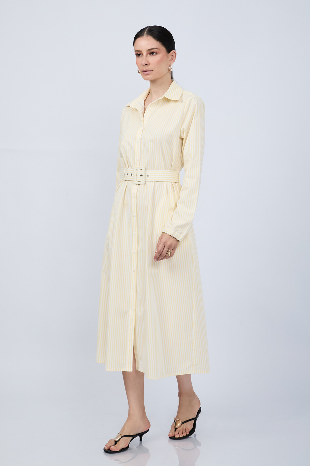 VESTIDO CAMISERO MIDI A RAYAS AMARILLAS  MANGA LARGA - PAULINA