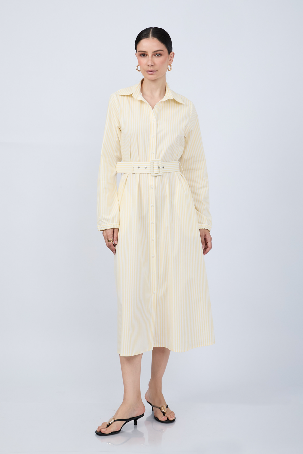 VESTIDO CAMISERO MIDI A RAYAS AMARILLAS  MANGA LARGA - PAULINA