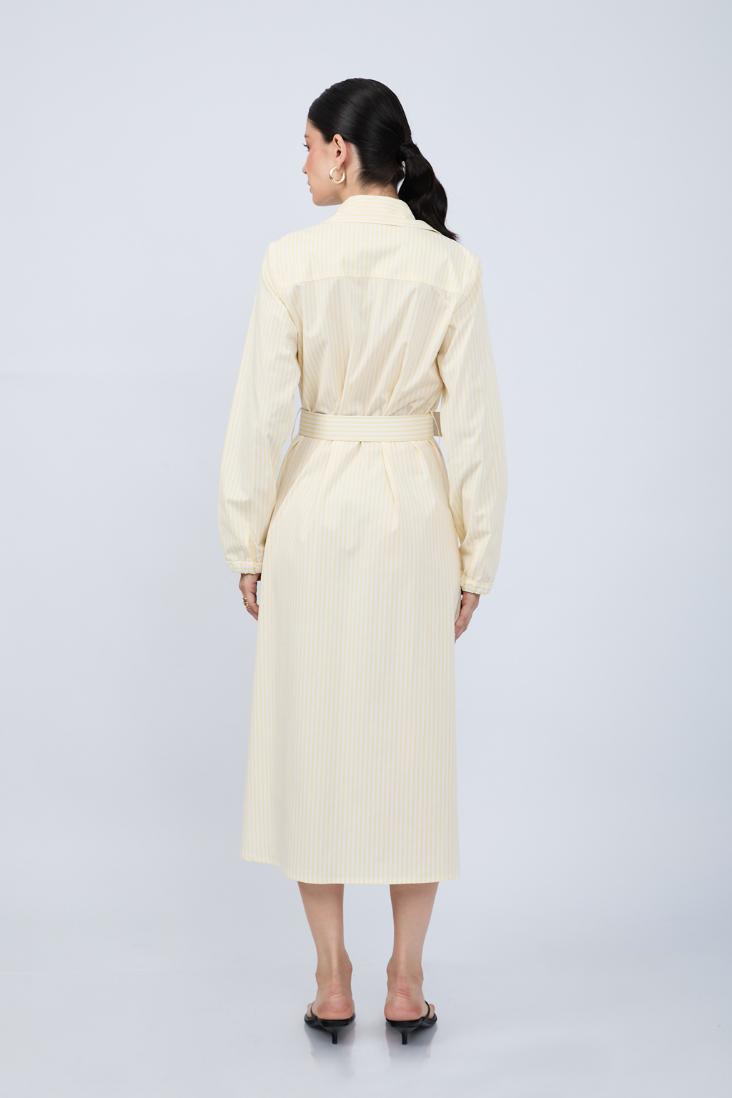 VESTIDO CAMISERO MIDI A RAYAS AMARILLAS  MANGA LARGA - PAULINA