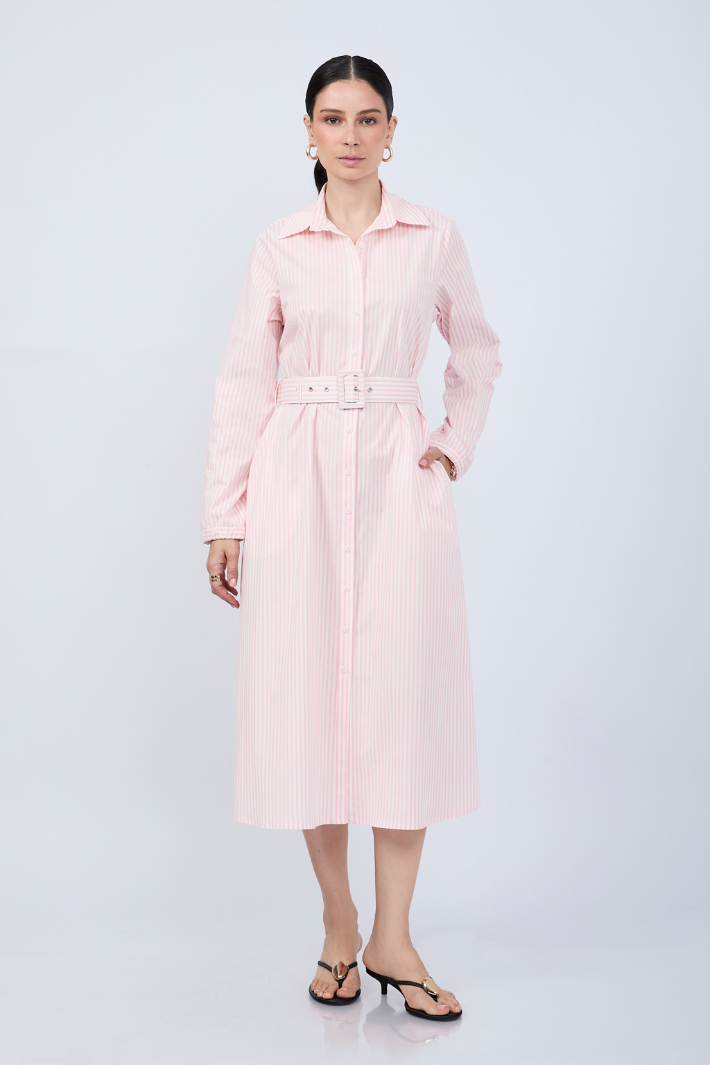 VESTIDO CAMISERO MIDI A RAYAS ROSAS  MANGA LARGA - PAULINA