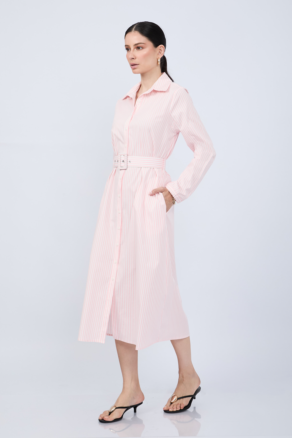 VESTIDO CAMISERO MIDI A RAYAS ROSAS  MANGA LARGA - PAULINA