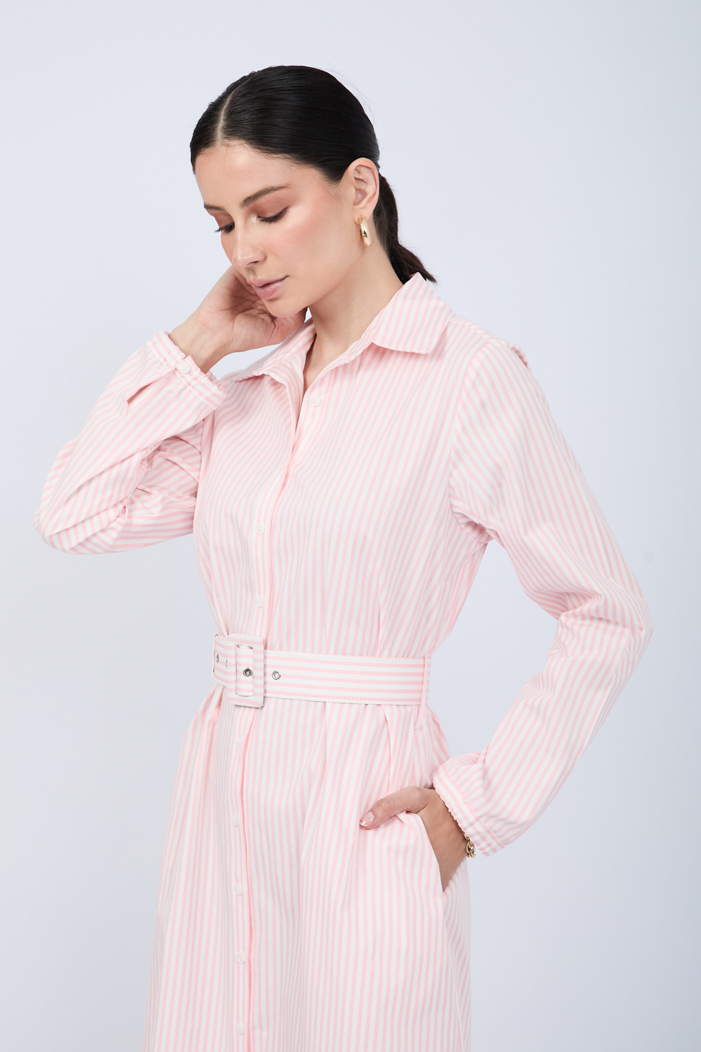 VESTIDO CAMISERO MIDI A RAYAS ROSAS  MANGA LARGA - PAULINA