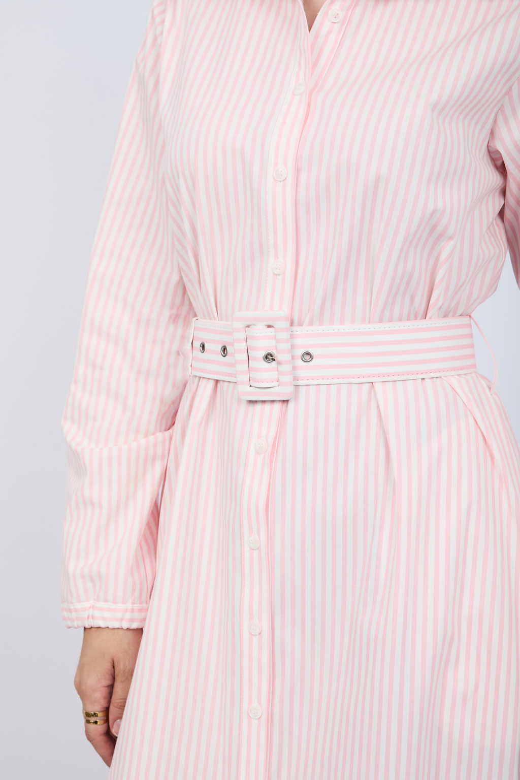 VESTIDO CAMISERO MIDI A RAYAS ROSAS  MANGA LARGA - PAULINA