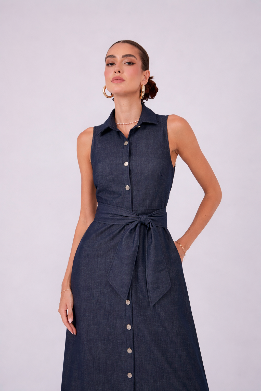 VESTIDO CAMISERO CON LAZO MULTIFUNCIONAL - BLEUE
