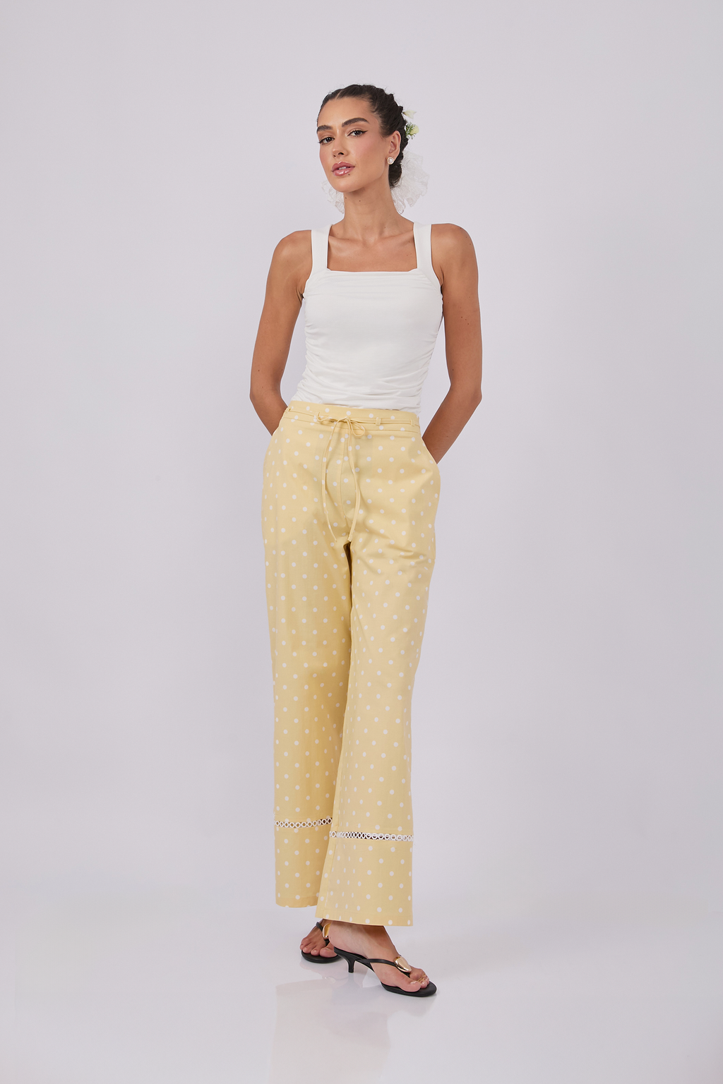 PANTALÓN PALAZZO DE ALGODÓN AMARILLO PUNTOS PERLA - PITAHAIIA