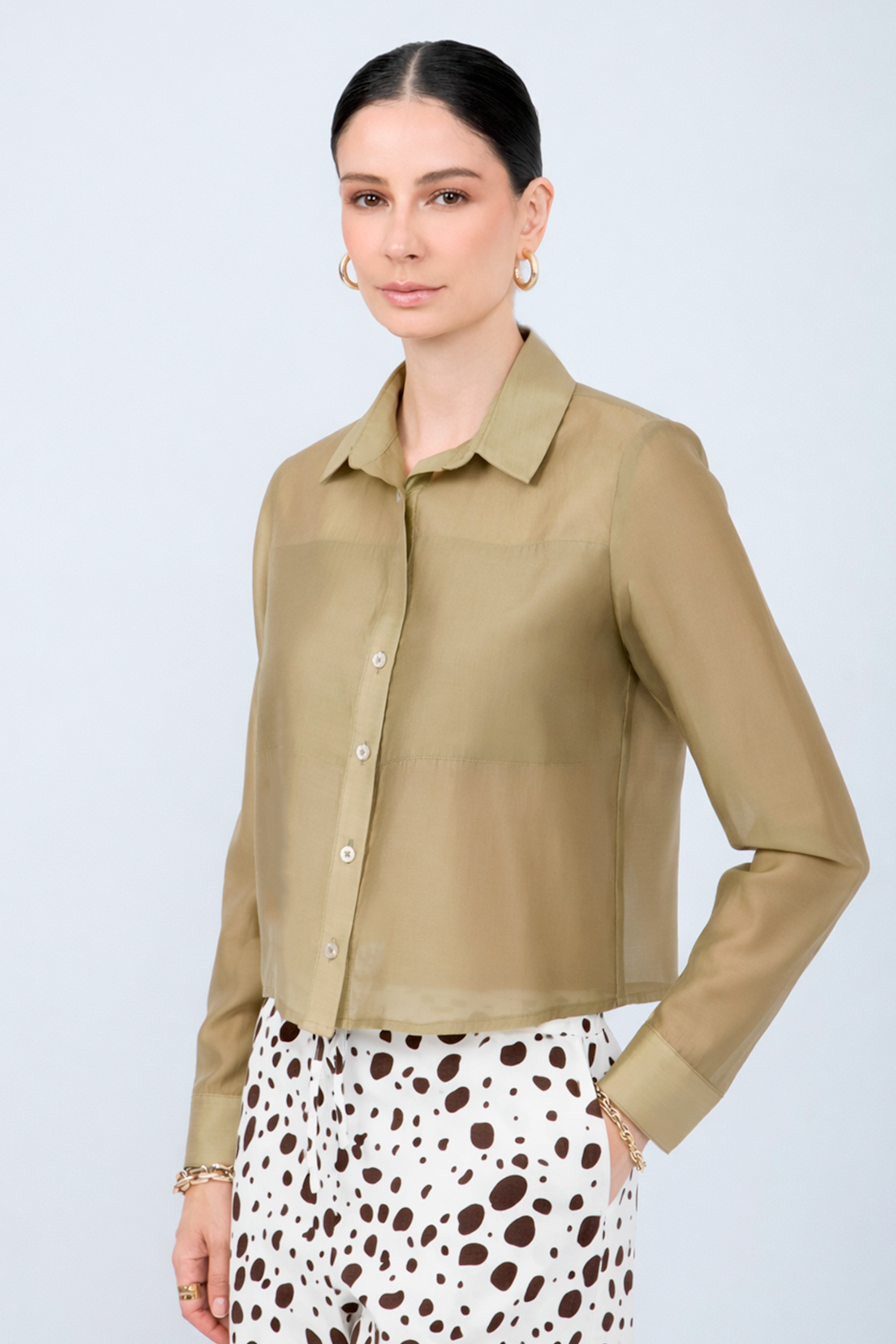 BLUSA SEMITRANSPARENTE MANGA LARGA ELEGANTE OLIVO - BAMBOO