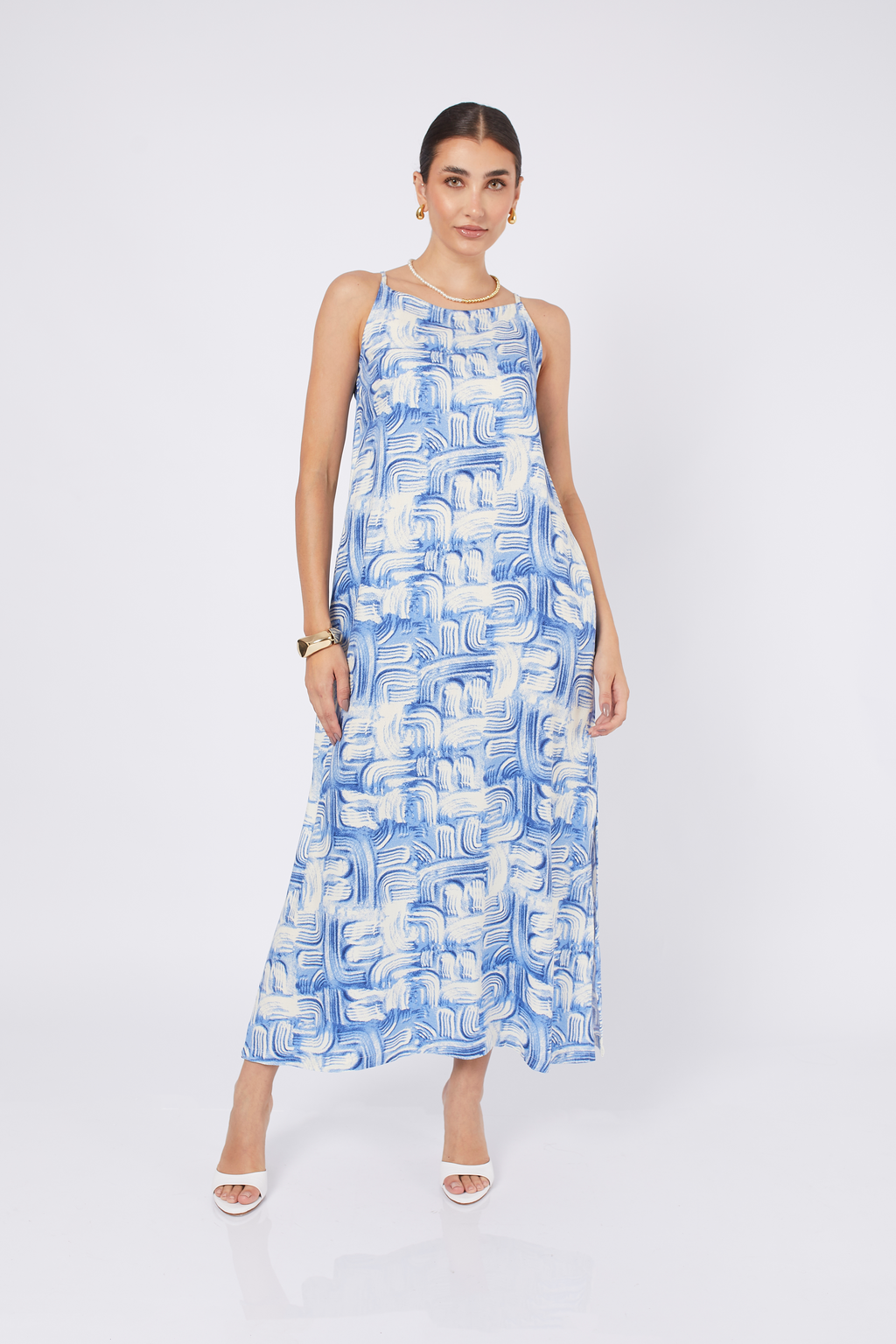 VESTIDO LARGO DE RAYON PRINT AZUL - DEBORA