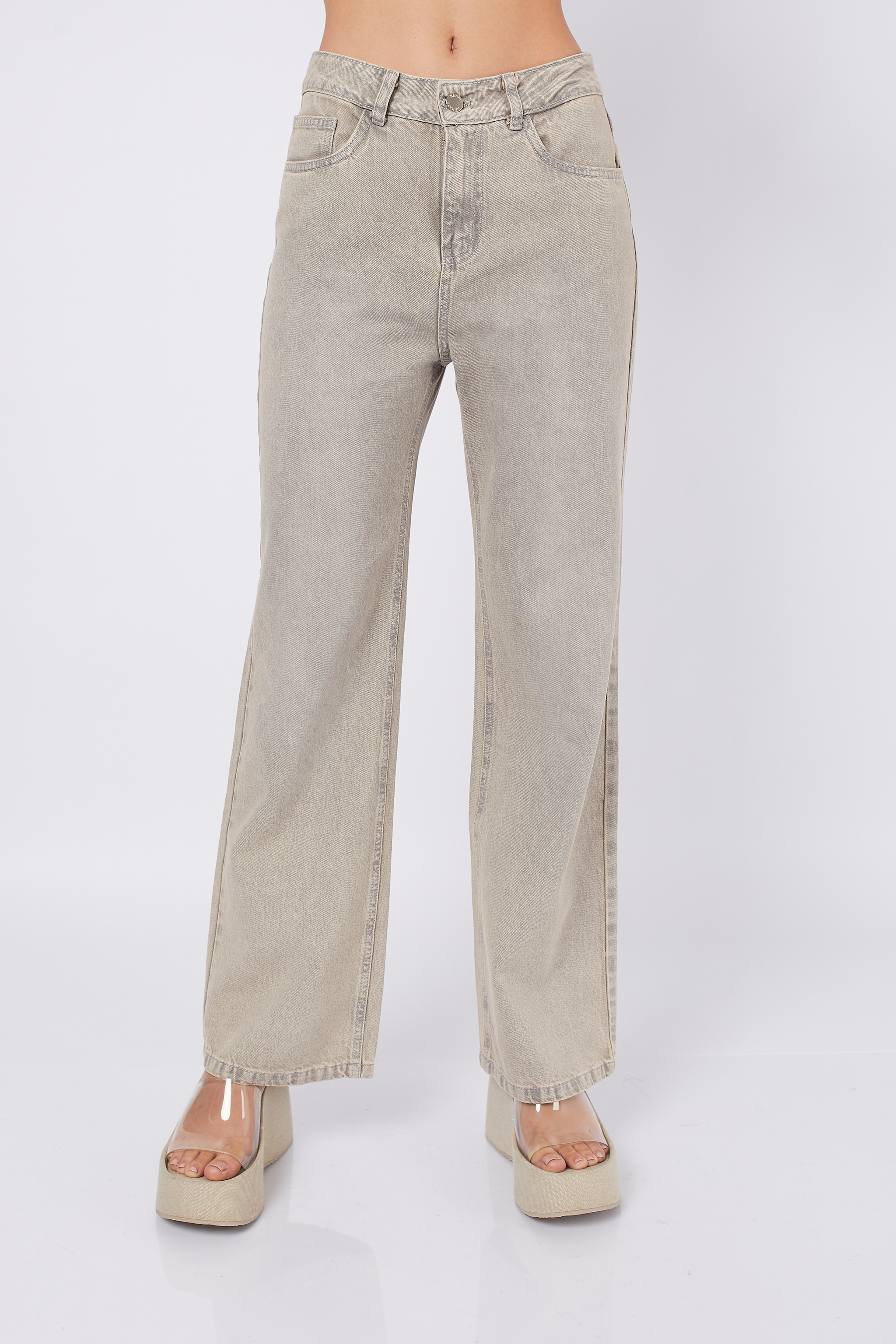 Palazzo Denim a la cintura con bolsillos Gris