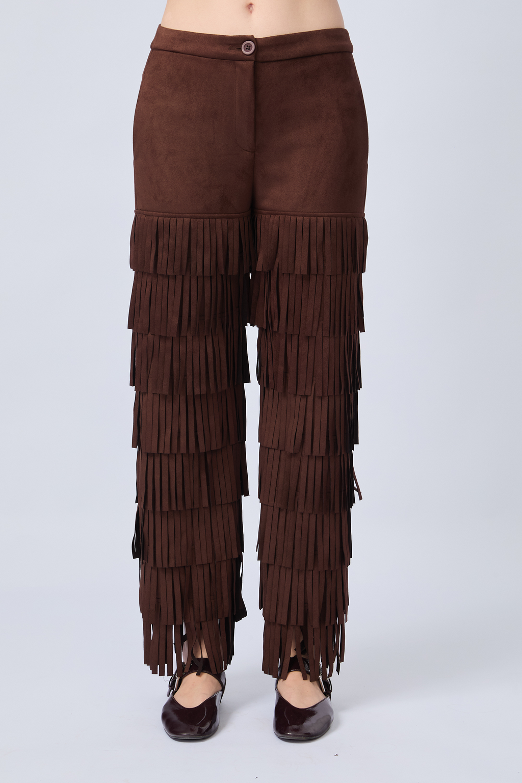 PANTALÓN DE TIRO ALTO DE SUEDE CON FLECOS MARRÓN  - QUENTI