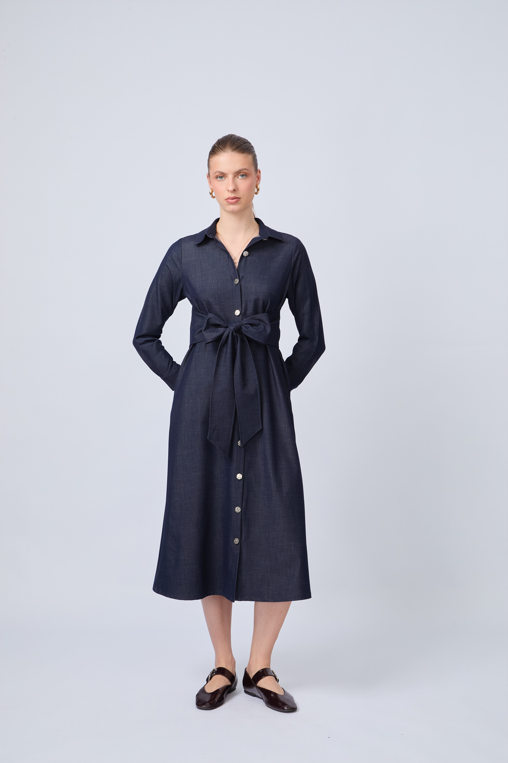 VESTIDO MANGA LARGA CON LAZO INDIGO - AMBER