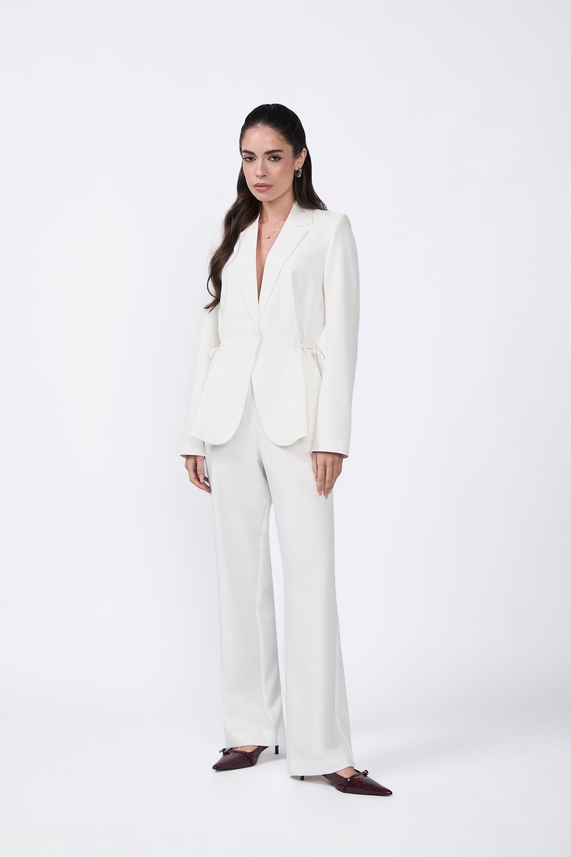 Sienna blazer with lapel and pearl waist tie.