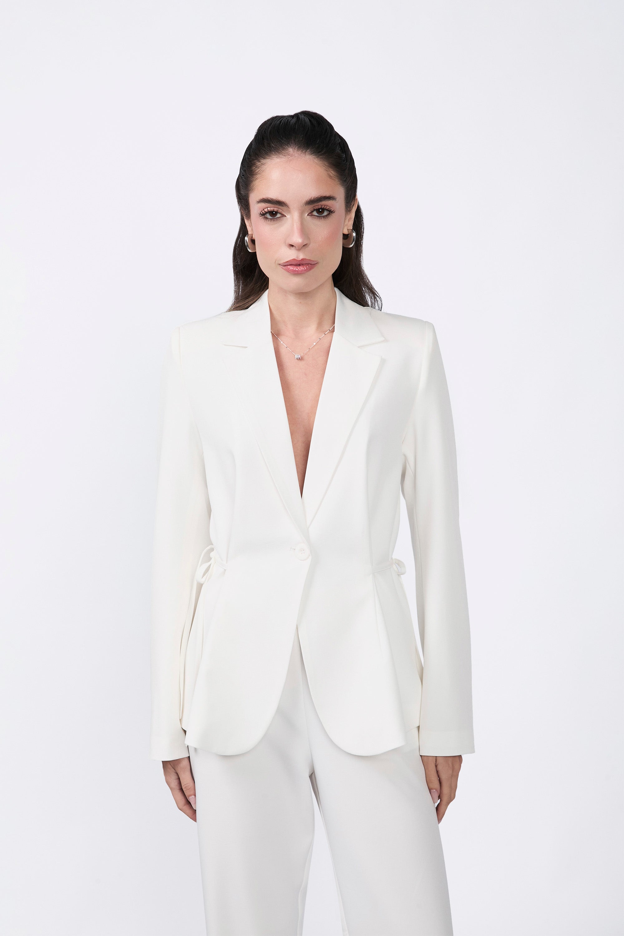 Sienna blazer with lapel and pearl waist tie.