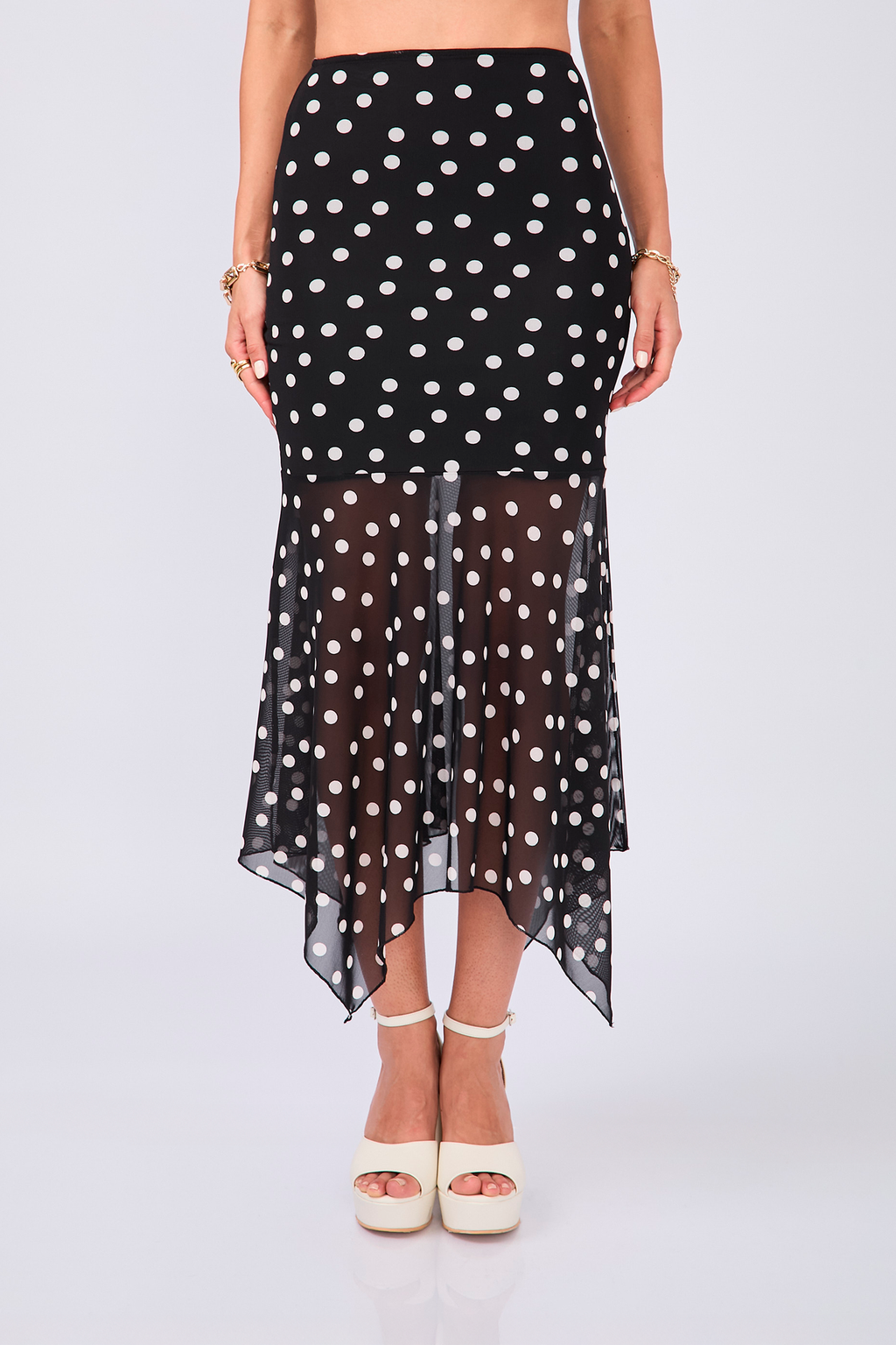 FALDA MIDI DE MALLA ASIMÉTRICA LUNARES - LUCERO