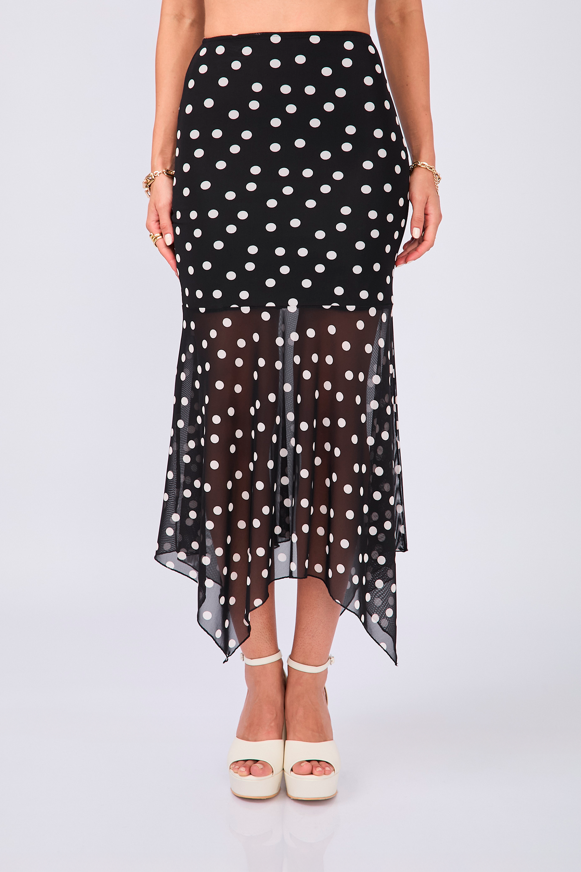 FALDA MIDI DE MALLA ASIMÉTRICA LUNARES - LUCERO