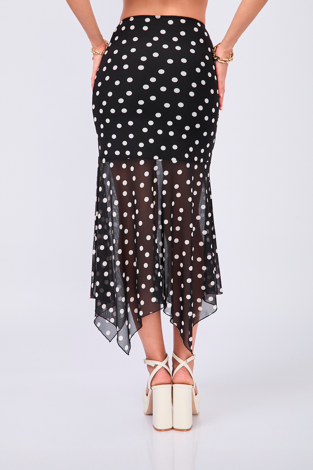 FALDA MIDI DE MALLA ASIMÉTRICA LUNARES - LUCERO