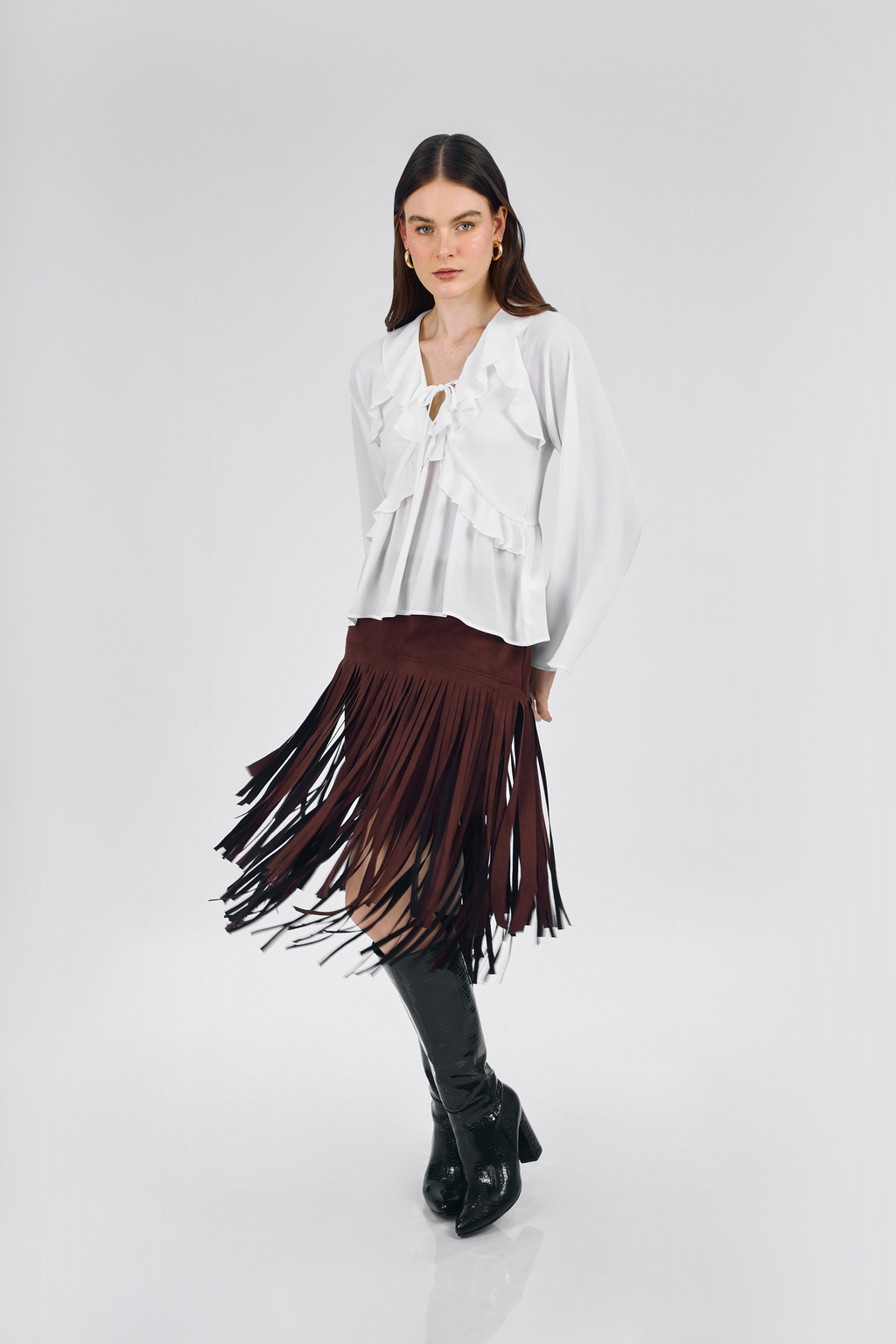 FALDA LARGA CON FLECOS MARRÓN - SIMONE
