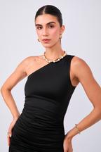 VESTIDO LARGO ASIMÉTRICO DRAPEADO NEGRO - VIOLETA