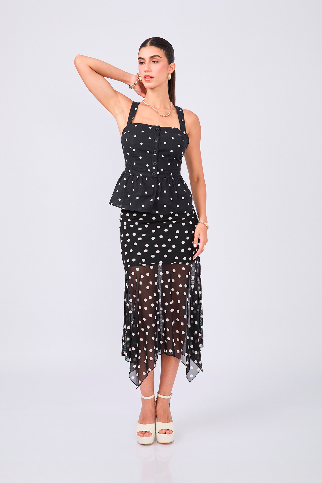 FALDA MIDI DE MALLA ASIMÉTRICA LUNARES - LUCERO